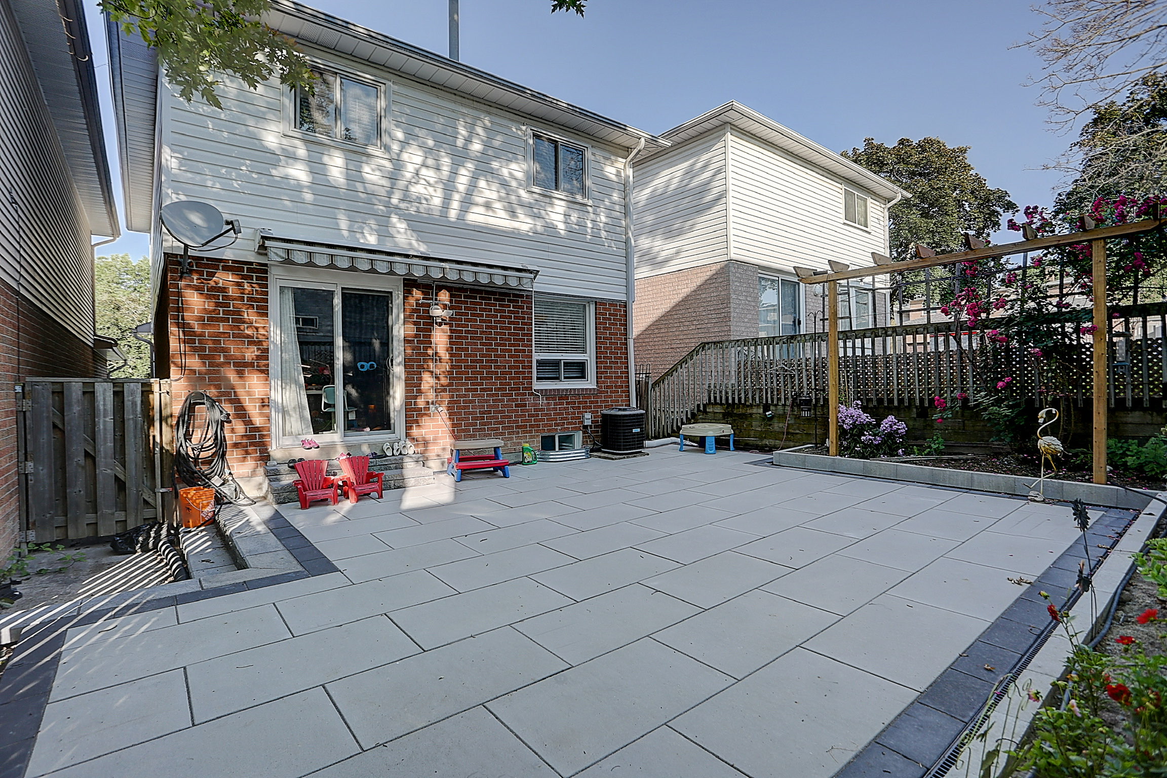 Completed backyard interlocking patio with landscape drainage in the GTA