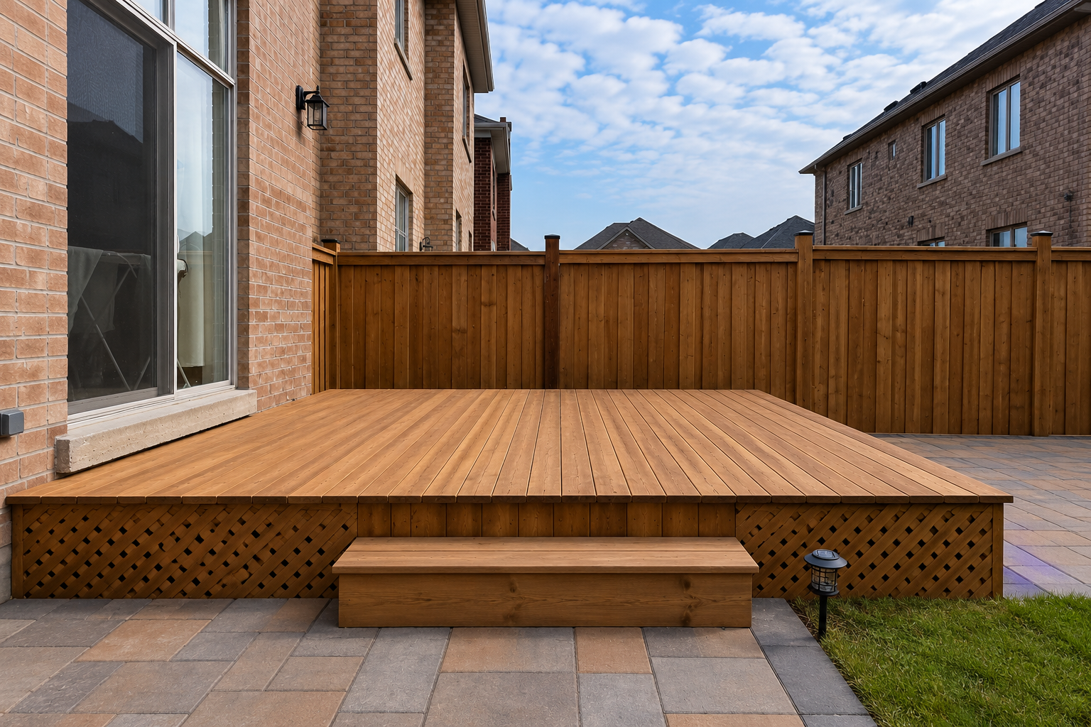 Residential wooden backyard deck with privacy fencing and interlocking patio